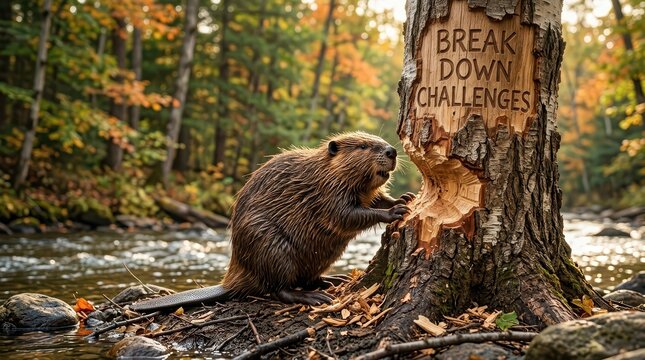Beaver Gnawing Tree with Carved Text Break Down Challenges in Autumn Forest