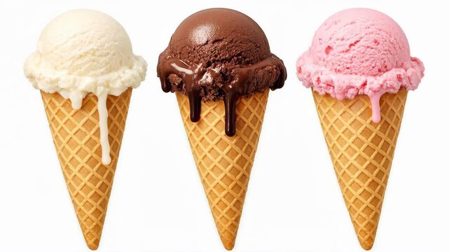 Vanilla, Chocolate, and Strawberry Ice Cream Scoops in Waffle Cones