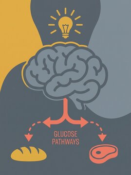 Illustration of Glucose Pathways with Brain and Food Icons
