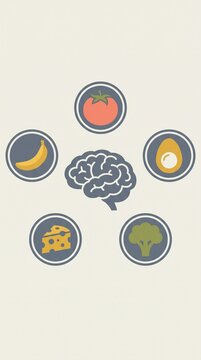 Illustration of brain surrounded by healthy food icons on beige background