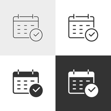 Calendar with check mark vector icon in outline and solid styles, Editable stroke.