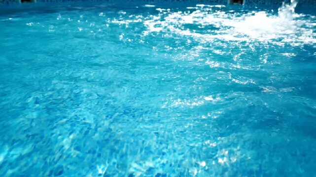Blue swimming pool water surface with mosaic tile bottom