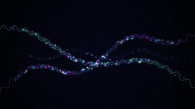 Neon Digital Waveform Motion Background with Glowing Particles and Floating Geometric Data Nodes