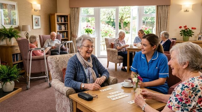 Cheerful Young Caregiver Playing Board Games with Happy Senior Residents in a Bright and Comfortable Assisted Living Common Room