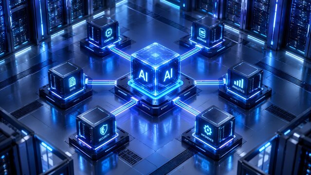 Isometric view of a central glowing AI server core connected to compute storage analytics security and inference nodes in a data center.