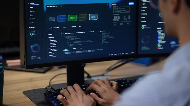 An engineer at a dual monitor workstation runs the agent pipeline again with the whole desk lit only by the two screens inside a dimly lit machine learning startup office.