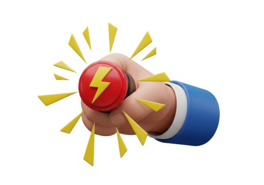 Cartoon hand pushing a red emergency button with lightning