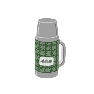 Cozy camping sage green thermos with classic plaid pattern and mountain peak sticker, isolated on white background. Hand drawing flat vector illustration. Isolated outdoor adventure clip art