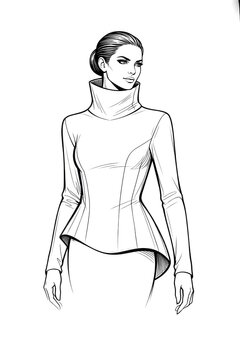 High Collar Peplum Top Fashion Illustration Stylish Model Pose Long Sleeve Fitted Blouse Black and White Line Art