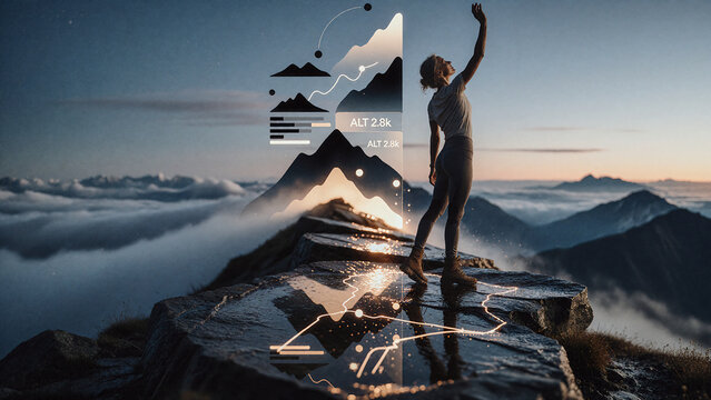 Woman stands on a jagged rock peak with one arm raised toward the sky during twilight. Digital infographics overlay the mountain landscape under soft evening glow amidst rolling clouds.