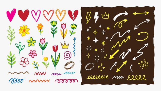 Cute Hand Drawn Doodle Elements Collection. Colorful Flowers, Hearts, Arrows, Stars, Sparkles, and Swirls Set for Journal, Planner, and Social Media Sticker Design.