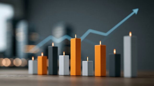 Modern financial dashboard visualization, transparent stock candlesticks floating above city buildings, upward trend line, blue and orange lighting, futuristic fintech aesthetic, no readable numbers
