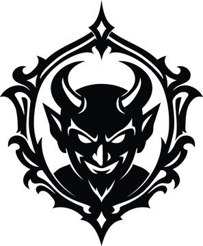 Black and white illustration of a sinister devil head inside an ornate decorative gothic style frame