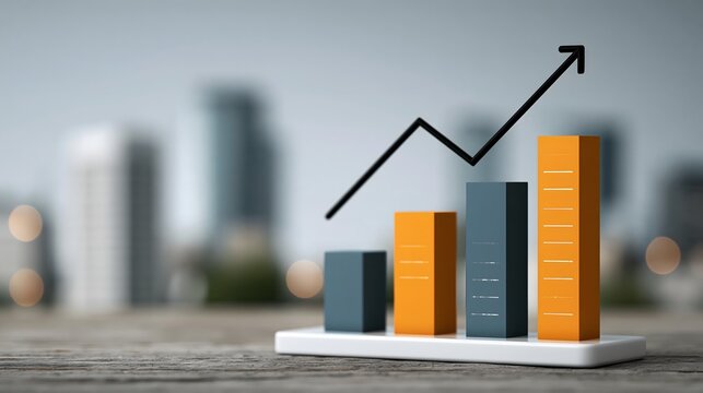 Modern financial dashboard visualization, transparent stock candlesticks floating above city buildings, upward trend line, blue and orange lighting, futuristic fintech aesthetic, no readable numbers