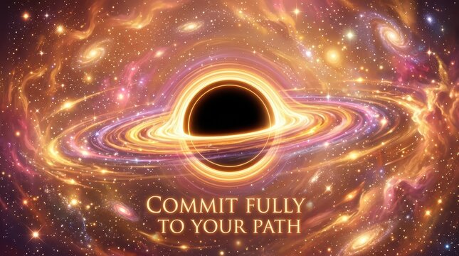 Black Hole Cosmic Background with Inspirational Quote Commit Fully To Your Path