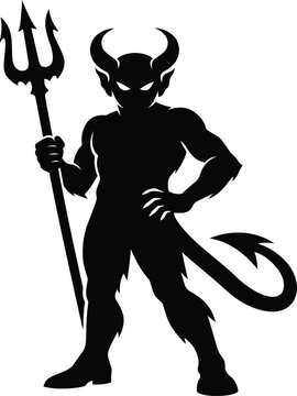A black silhouette of a devil character standing with a trident isolated on a white background