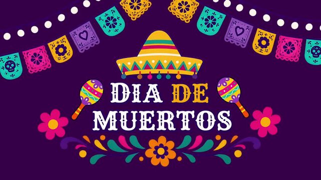 Colorful Mexican Day of the Dead banner. Festive sombrero and maracas design. Dia de Muertos. 4K video animation