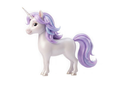Cute magical unicorn toy with a purple mane and tail standing still isolated on transparent background