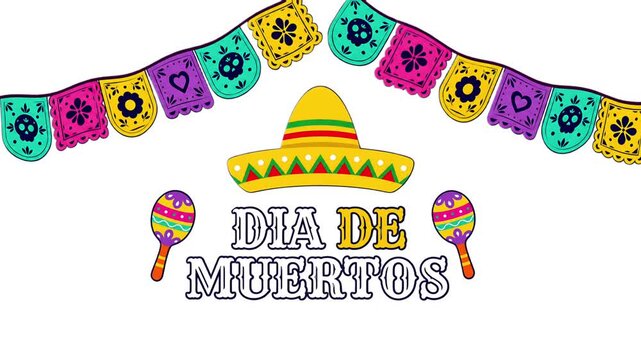 Dia de Los Muertos - Day of the Dead celebration banner, poster, card with colorful mexican traditional objects. 4K video animation