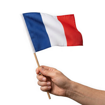 A hand holding a small waving flag of france on a wooden stick isolated on transparent background