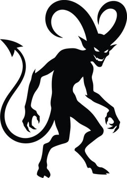 Black silhouette of a scary horned devil creature with a pointed tail isolated on a white background