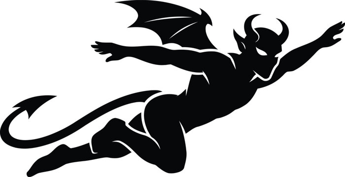 Black silhouette of a flying devil with horns and a tail isolated on a white background