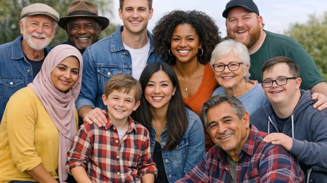 Diverse group of multi-ethnic people of different ages and religions smiling together
