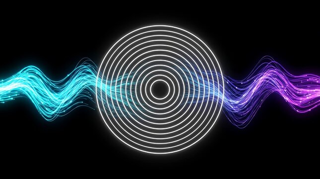 Abstract digital background featuring a central white circular pattern with concentric rings flanked by glowing blue and purple energy waves on a dark black backdrop