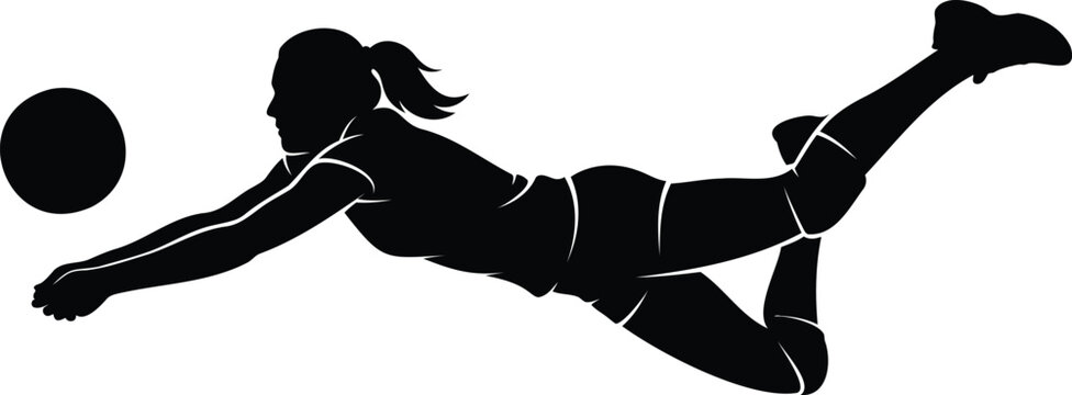 Black silhouette of a female volleyball player diving to dig a ball, isolated on a white background dive