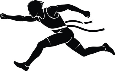 Fototapeta premium Black silhouette of a male runner crossing the finish line with a ribbon, isolated on a white background, representing victory