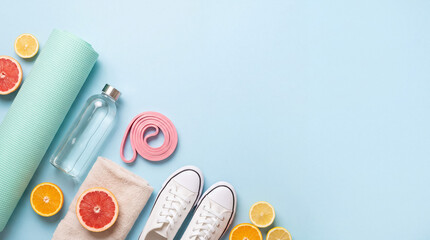 Obraz premium Fitness accessories including a yoga mat, sports shoes, water bottle, and fresh citrus on a blue background