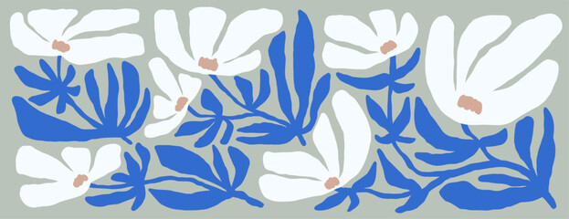Obraz premium Flowers pattern, abstract spring background. Modern flower illustration. Spring floral pattern. Cute summer nature shapes, botanical composition, naive flora background. Flat vector illustration