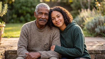 Fototapeta premium Grandfather and granddaughter embracing outdoors, showing intergenerational bond and diverse family love