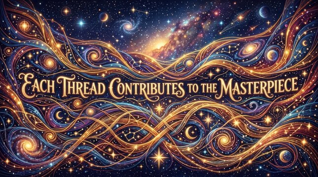 Cosmic Abstract Art with Inspirational Quote Each Thread Contributes to the Masterpiece