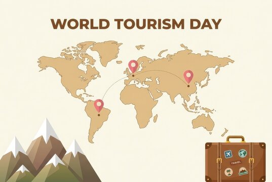 World Tourism Day Vector Illustration with World Map, Vintage Suitcase, Mountains and Location Pins for Global Travel Concept