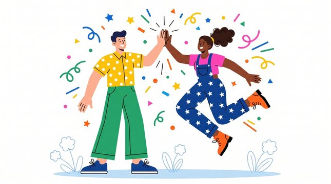 Cheerful diverse colleagues giving high five, happy coworkers celebrating business success, flat vector illustration on white background