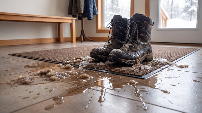 Dirty snow boots tracking melting slush and ice across an entryway floor mat, creating a winter mess