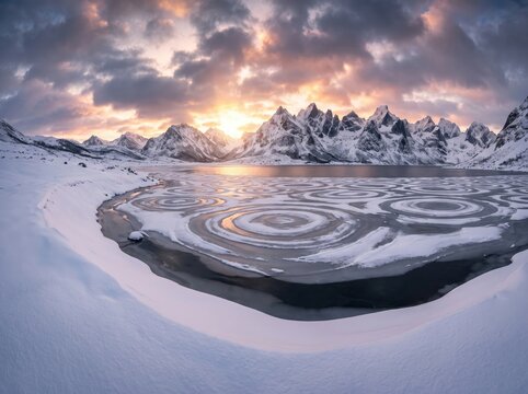 Frozen circle ice patterns on winter lake, dramatic sunset over snowy mountain peaks, arctic wilderness landscape