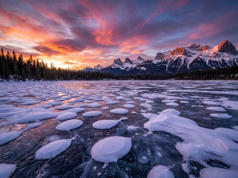 Frozen lake with methane ice bubbles at sunset, snow covered mountain range under dramatic winter sky, scenic nature background