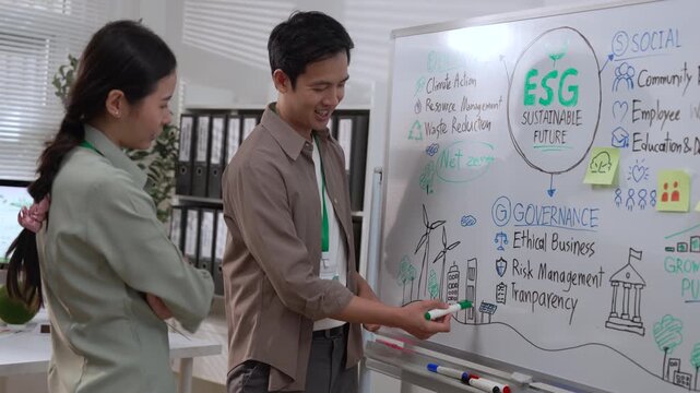 ESG Meeting Report Business Sustainability Planning Strategy Collaboration with Adult Colleague Reviewing Documents and Charts for Responsible Company Growth, Green Finance Analysis, and Teamwork