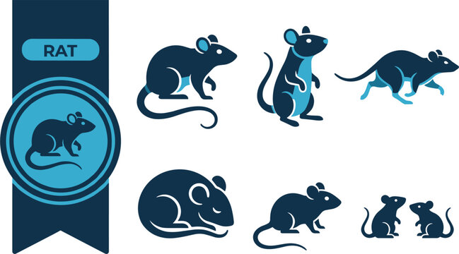 Rat vector icon set with running, sitting and standing rodent silhouettes, isolated animal symbols for pest control, wildlife, laboratory, Halloween, urban and spooky design