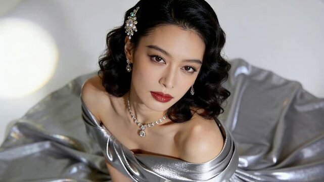 Tilting studio model wearing silver gown and jewels as top lens capturing adjusting to catch light