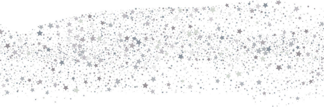 Dense wave of silver stars on white background. Festive falling star confetti pattern. Holiday decoration banner