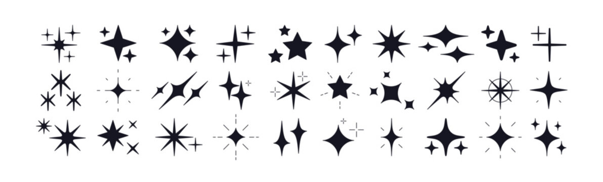 Star light icons, black sparkles. Magic light symbols, black spark and flash icons. Star shine, spark glow, sparkle bling effect. Flare, bling, black silhouettes. Vector graphic illustrations