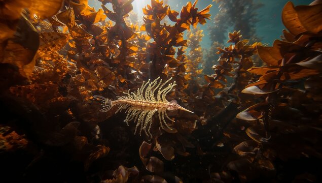 Ornate Leafy Seadragon in Kelp Forest with Sun Rays Underwater