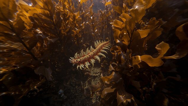 Ornate Leafy Seadragon Drifting Among Undulating Brown Kelp Blades