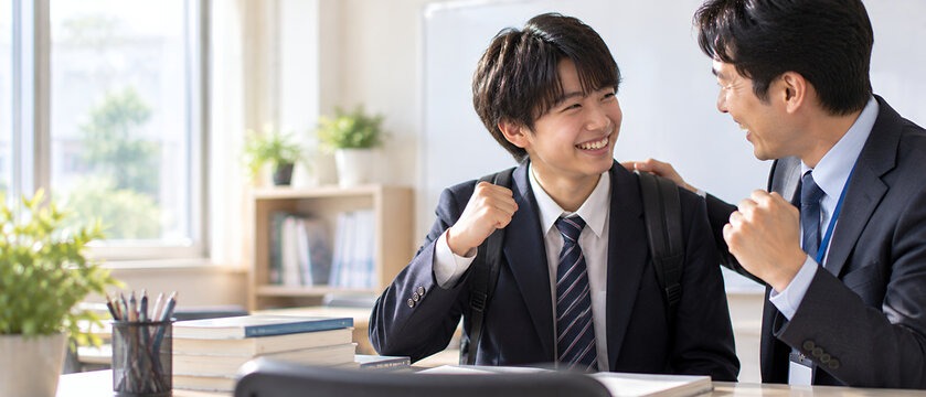 受験合格を先生と一緒に笑顔で喜ぶ男子高校生