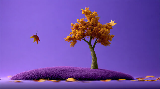 Herbstliche Fantasielandschaft in weicher Woll- und Filzoptik mit bunten B&auml;umen, Bergen, Seen und fallenden Bl&auml;ttern in kr&auml;ftigen Violett-, Orange- und Blaut&ouml;nen.