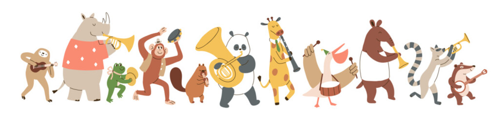 Fototapeta premium Cute animals playing music instruments, marching parade. Cute animals musicians, characters. Music band performance, concert, orchestra. Funny monkey, panda, frog musicians. Flat vector illustration