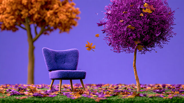 Herbstliche Fantasielandschaft in weicher Woll- und Filzoptik mit bunten B&auml;umen, Bergen, Seen und fallenden Bl&auml;ttern in kr&auml;ftigen Violett-, Orange- und Blaut&ouml;nen.